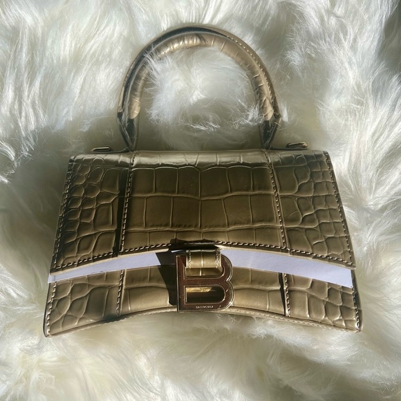 Balenciaga Hourglass XS Metallic Croc-Embossed Top-Handle Bag in Light Gold - Picture 5 of 11